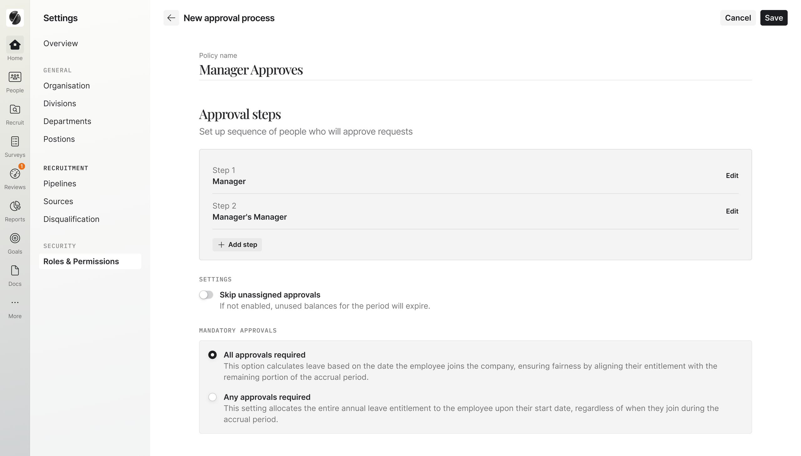 Headcount management software approval flow with two steps and substitution in Skailer