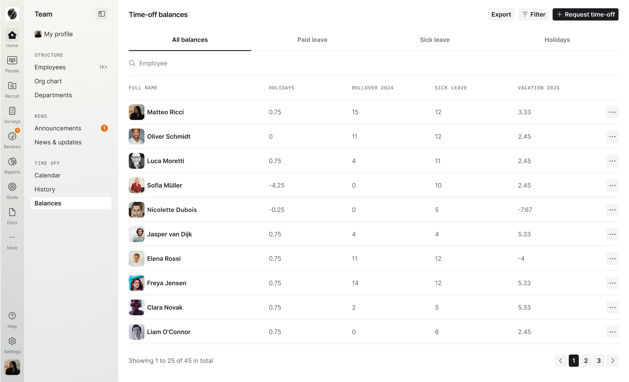 Time off balance report per employee and leave category in Skailer workforce analytics software