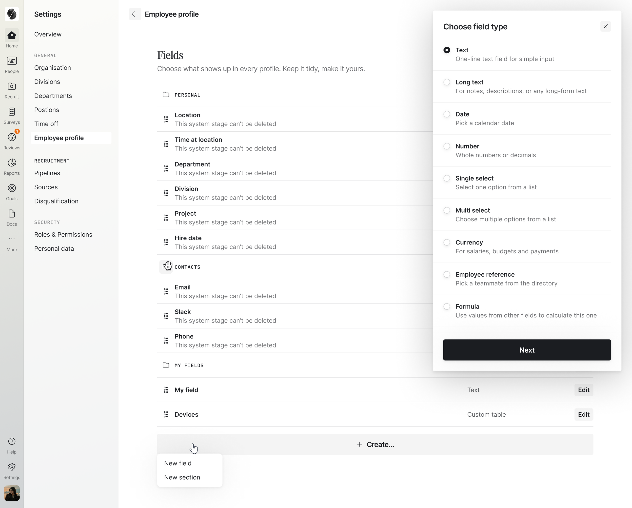 Configurable HR software: employee profile field settings with show and required toggles
